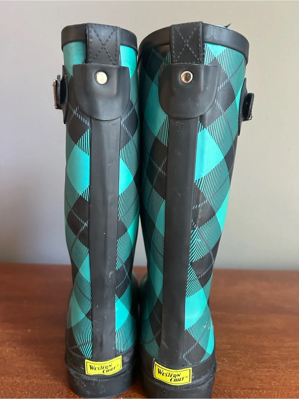 Western Chief Teal and Black Plaid Mid-Calf Rain Boots